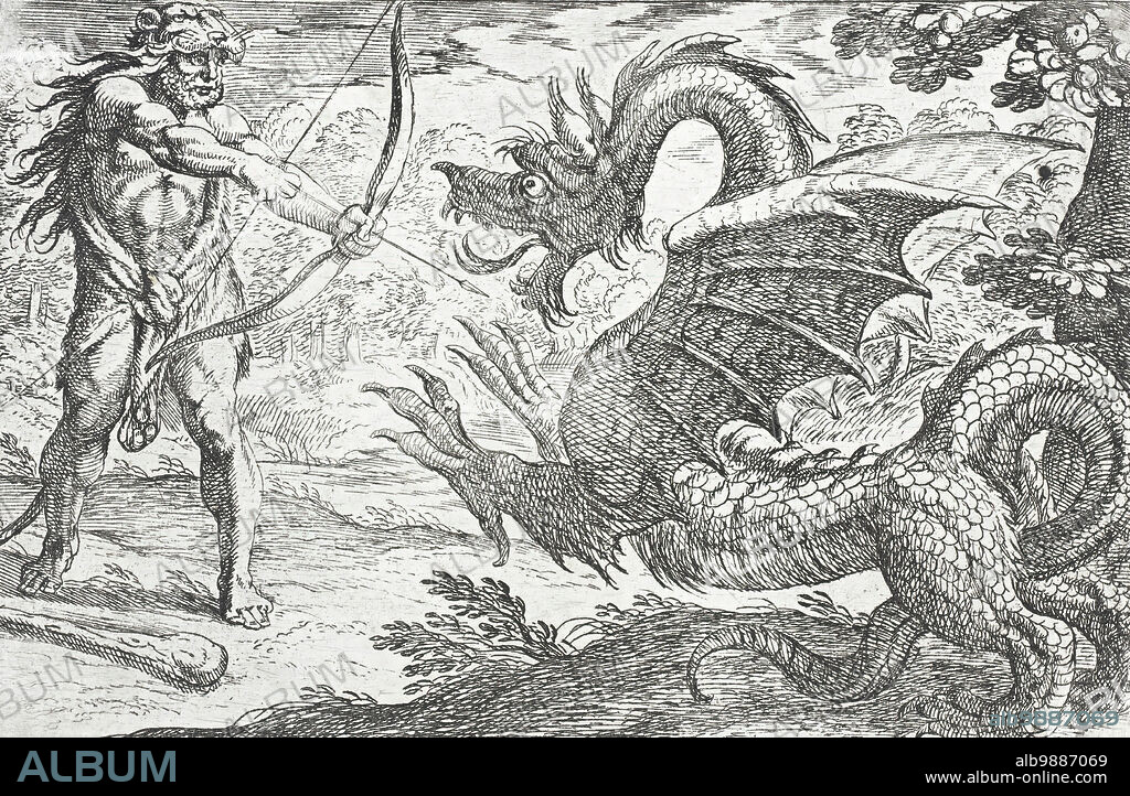 ANTONIO TEMPESTA y NICOLAUS VAN AELST. Hercules and the Serpent Ladon, 1608. From The Labors of Hercules, pl. 10. Hercules draws his bow, the rearing serpent appears in profile.