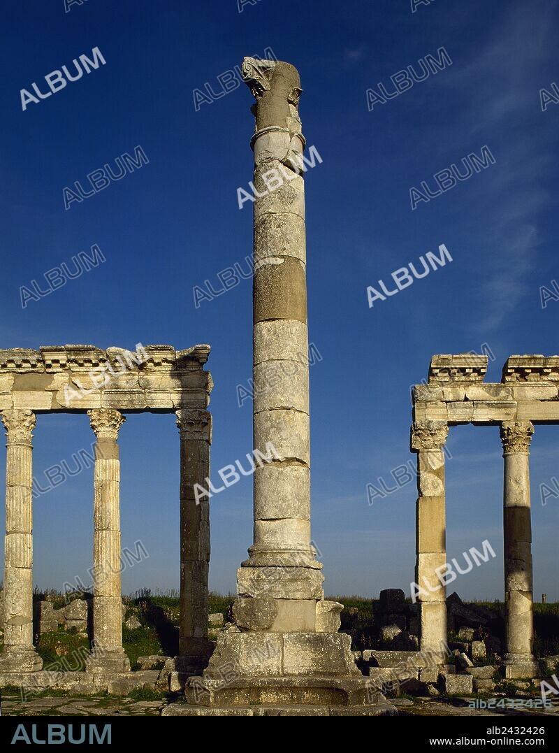 ARTE ROMANO. SIRIA. APAMEA (AFAMIA). Ciudad romana que pasó a formar parte del Imperio Romano a partir del año 64 a. C. Vista general de la COLUMNA VOTIVA, que indicaba el punto de intersección entre un "decumanus" y el "cardo maximus".