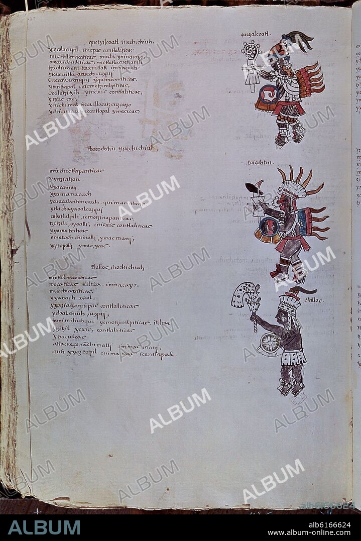 BERNARDINO DE SAHAGÚN. CODICE - TRES DIOSES AZTECAS - QUETZALCOATL-TOTADITIN-TLALLOC.
