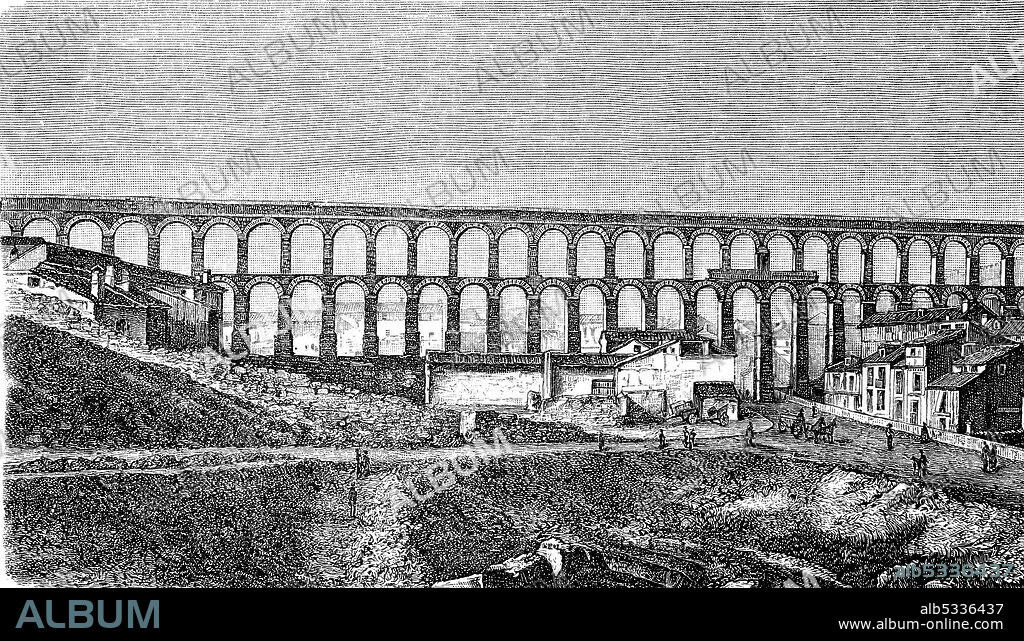 The aqueduct in Segovia, Spain, ancient Roman water conduit, 1880  /  Das Äquädukt in Segovia, Spanien, altrömische Wasserleitung, 1880, Historisch, historical, digital improved reproduction of an original from the 19th century / digitale Reproduktion einer Originalvorlage aus dem 19. Jahrhundert,.