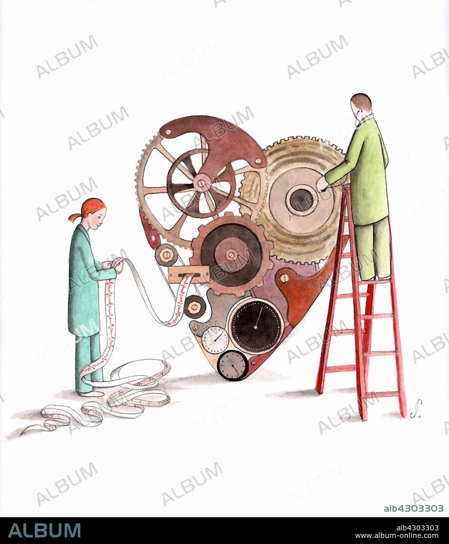 Woman assessing ticker tape from heart made of cogs.