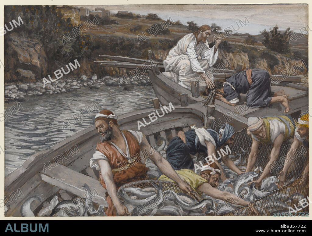 The Miraculous Draught of Fishes, La pêche miraculeuse, The Life of Our Lord Jesus Christ, La Vie de Notre-Seigneur Jésus-Christ, James Tissot, French, 1836-1902, Opaque watercolor over graphite on gray wove paper, France, 1886-1896, Image: 6 3/4 x 9 11/16 in., 17.1 x 24.6 cm, bible, Biblical, boat, Catholicism, Christ, Christianity, coast, figures, fish, fisherman, fishing, French, God, Jesus, Luke 5:1-11, Messiah, miracle, net, New Testament, Parable, Religion, Religious, religious art, sea, Tissot, water.
