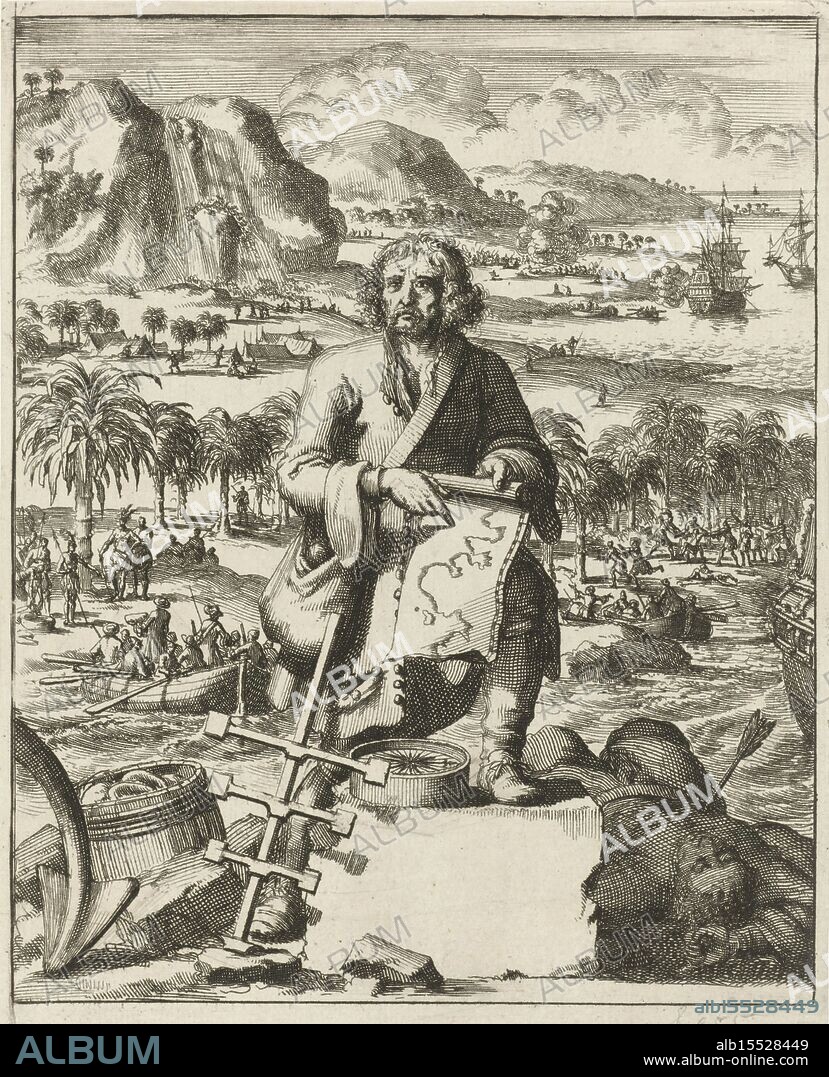 Amsterdam, Hoorn, Jan Claesz ten, Luyken, Jan, Man pointing at a map, verso - stamped, in the background the coast of North America (Louisiana) where French explorers set foot on land., print, prints, engravings, height 167 mm, width 132 mm, Noord-Nederlands, 1649-04-16 - 1712-04-05, print maker, printmaker, 1688 - 1688, paper, papier, etching, etchings, Publication (Event), Publication, 1639 - 1715, publisher.