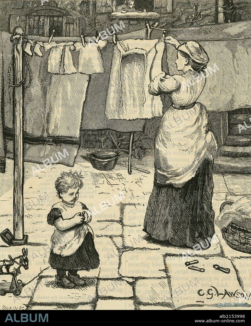 Woman in a paved courtyard pegging washing on a clothes line.Engraving, 1878 (Photo by: Universal History Archive/UIG via Getty Images).