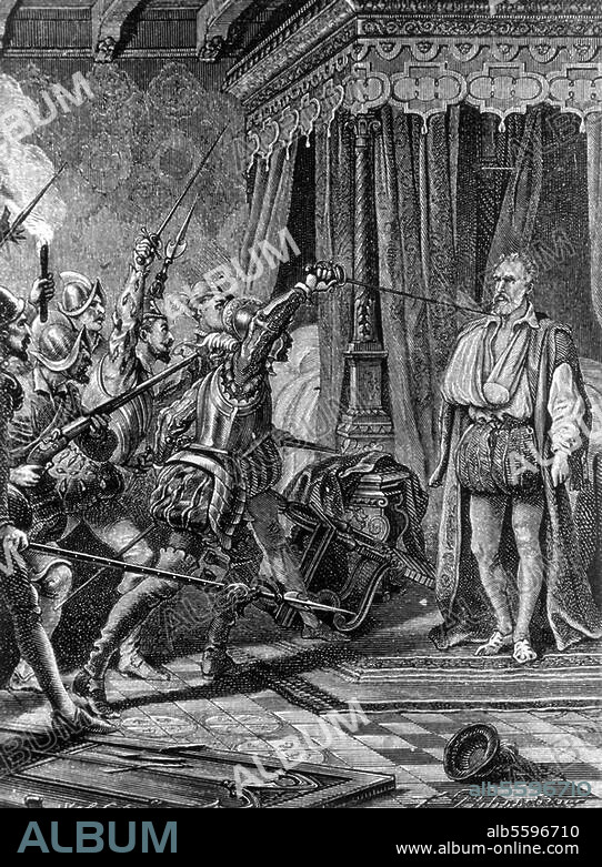 Coligny, Gaspard de, Seigneur de Chatillon; Admiral von Frankreich; Führer der Hugenotten; 1519-1572. Bartholomäusnacht, 23./24. Aug. 1572 (Massaker an frz. Calvinisten in Paris anläßl. der Hochzeit Heinrichs IV. mit Margarete von Valois): Ermordung Colignys, 24.8.1572. Holzstich (Buchillustr.), 1875, nach Zchng. v. Félix Philippoteaux (1815-1884).