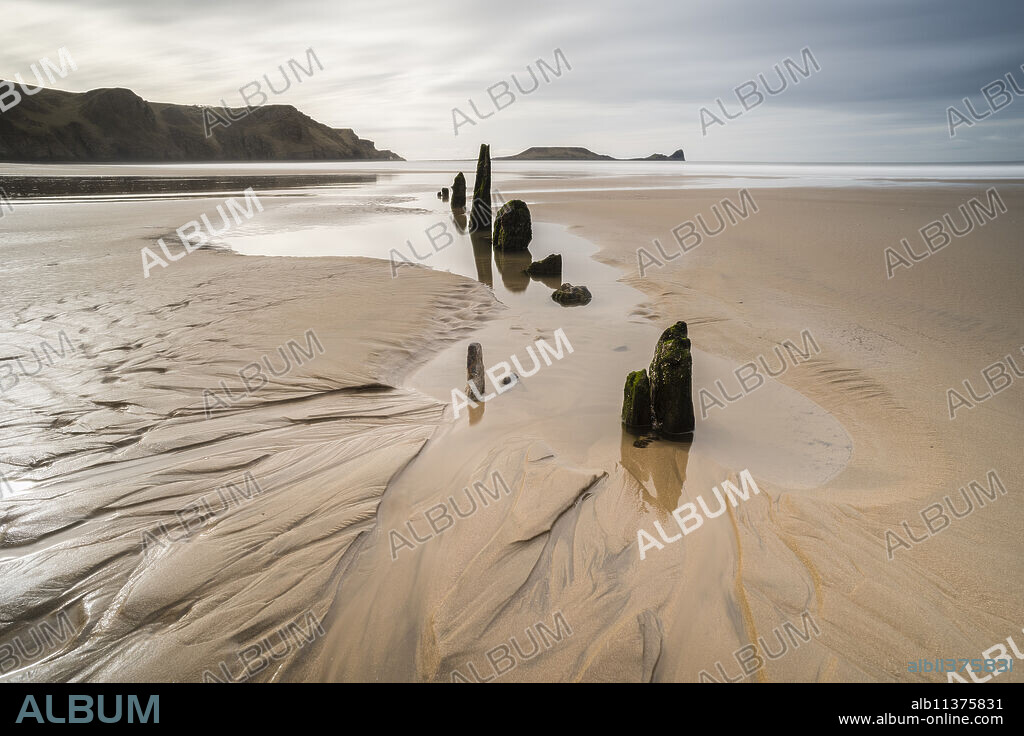 Helvetia shipwreck at low tide, Rhossili Bay, Gower Peninsula, South Wales, United Kingdom, Europe.