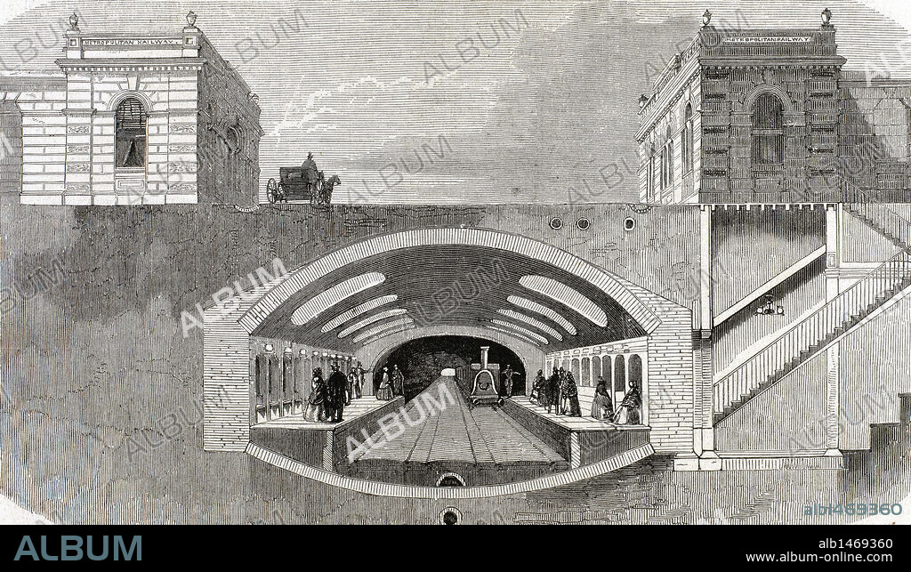 HISTORIA DEL TRANSPORTE. METRO O METROPOLITANO DE LONDRES. Fue construido entre 1853 y 1863. Grabado con la representación de la sección de una estación subterránea. Inglaterra. Grabado de "L'Univers Illustré". Finales del s. XIX.