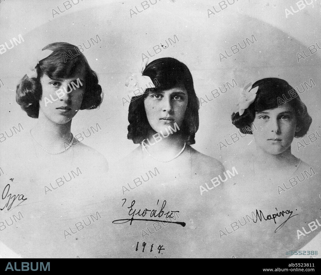 The Girl Princess George Is To Marry -- A hitherto unpublished picture of the charming Princess Marina of Greece, fiance of Prince George. She is seen here with her ***** sisters as a girl, and their autographs are written beneath each ***** portrait. Olga; Elizabeth; Marina. October 15, 1934. (Photo by Keystone).