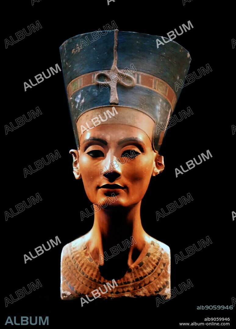 bust of Nefertiti from the Agyptisches Museum Berlin collection, presently in the Neues Museum. Neferneferuaten Nefertiti (c. 1370 - c. 1330 BC), Egyptian queen and the Great Royal Wife (chief consort) of Akhenaten. The Nefertiti Bust is a painted stucco-coated limestone bust, believed to have been crafted in 1345 B.C. by the sculptor Thutmose. A German archaeological team led by Ludwig Borchardt discovered the bust in 1912 in Thutmose's workshop.