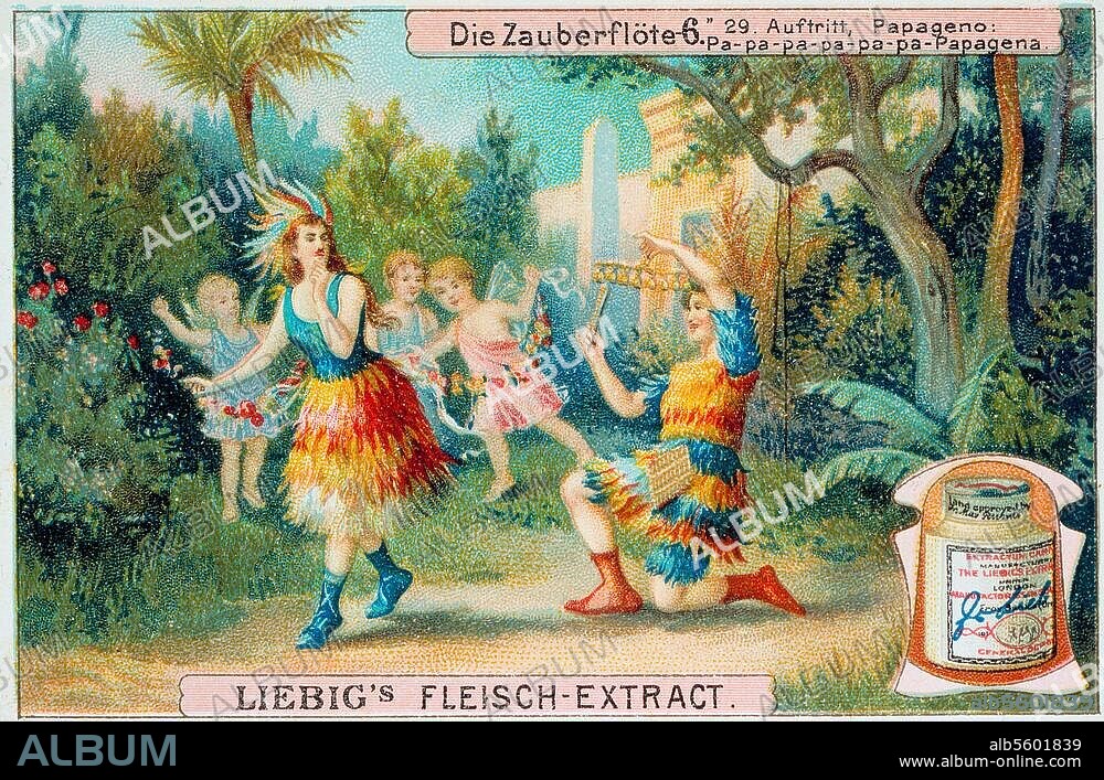 Mozart, Wolfgang Amadeus; 1756-1791. Works: The Magic Flute (opera, libr.: E. Schikaneder; FP Vienna 1791). "29th scene, Papageno: Pa-pa-pa-papa-pa-Papagena". Col. lithograph, c. 1890. Collector's card fr. the Liebig Company, No. 6 of the series: The Magic Flute.