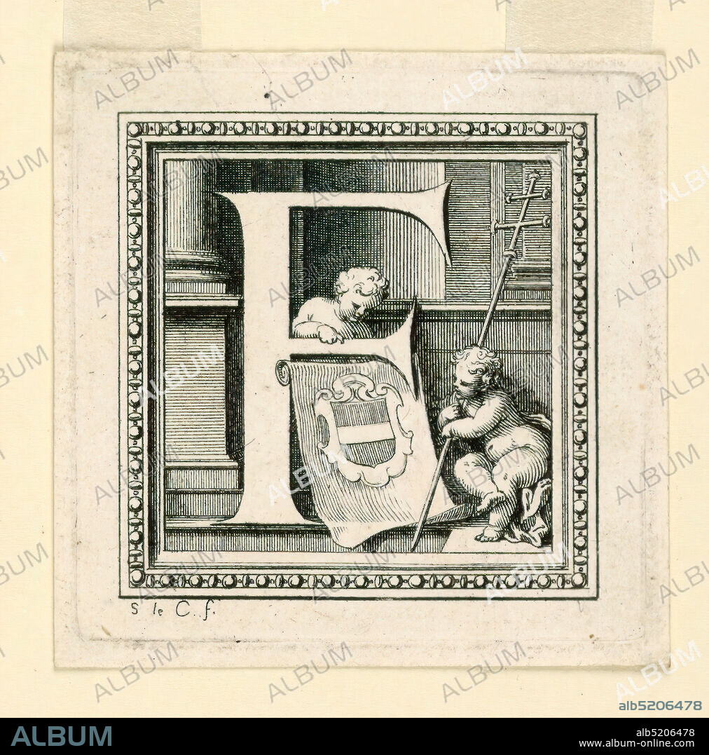 Letter F, for Baluze's 'Histoire générale de la Maison d'Auvergne', Sebastien Leclerc, French, 16371714, Etching on paper, Letter F with a coat of arms, a fess, and two putti, one of whom carries an archbishop's cross., France, 170708, ephemera, Print, Print.