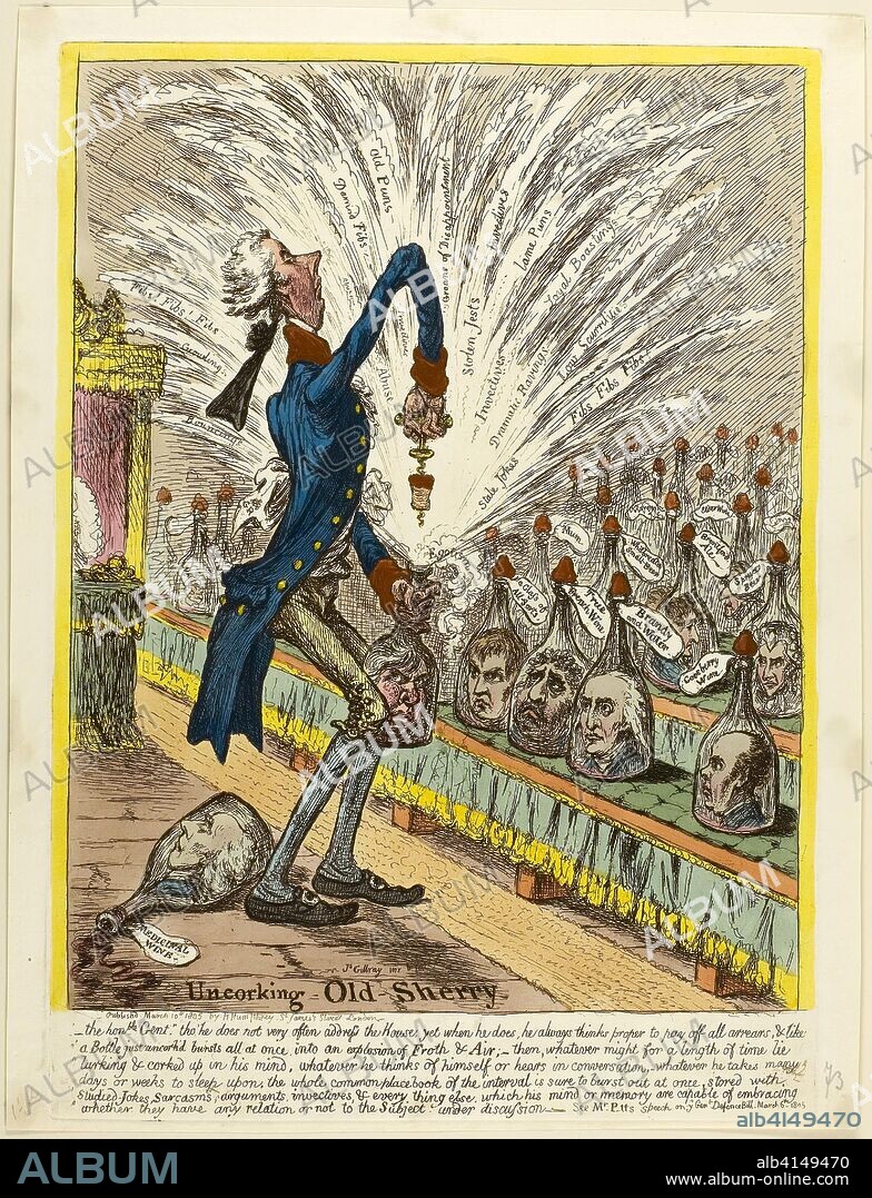Uncorking Old Sherry. James Gillray (English, 1756-1815); published by Hannah Humphrey (English, c. 1745-1818). Date: 1805. Dimensions: 312 × 240 mm (image); 353 × 251 mm (plate); 368 × 280 mm (sheet). Hand-colored etching on paper. Origin: England.