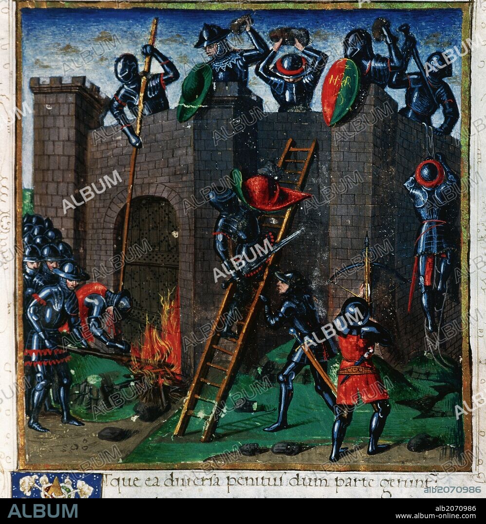 Publius Vergilius Maro (70 BC-19 BC). Roman poet. Aeneid. Book IX. Miniature depicting the Failed assault the Trojan camp by Turnus. 15th century manuscript. Library University of Valencia. Spain.