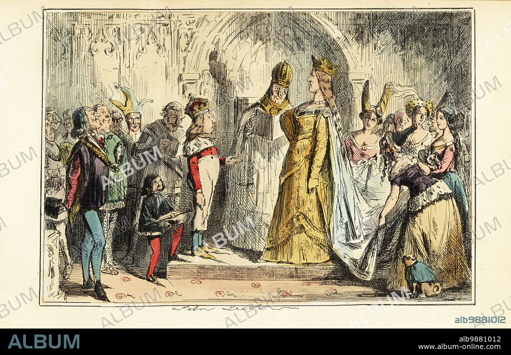 King Henry VI of England married to Margaret of Anjou at Titchfield Abbey, 23 April 1445. The mad king was 24 and the queen 15. The ceremony is officiated by a bishop, and attended by maids in hennin, courtiers, falconer, jester, page with dagger. Marriage of Henry VI with Margaret of Anjou. Handcoloured steel engraving after an illustration by John Leech from Gilbert Abbott ABecketts Comic History of England, Bradbury, Agnew & Co., London, 1880.