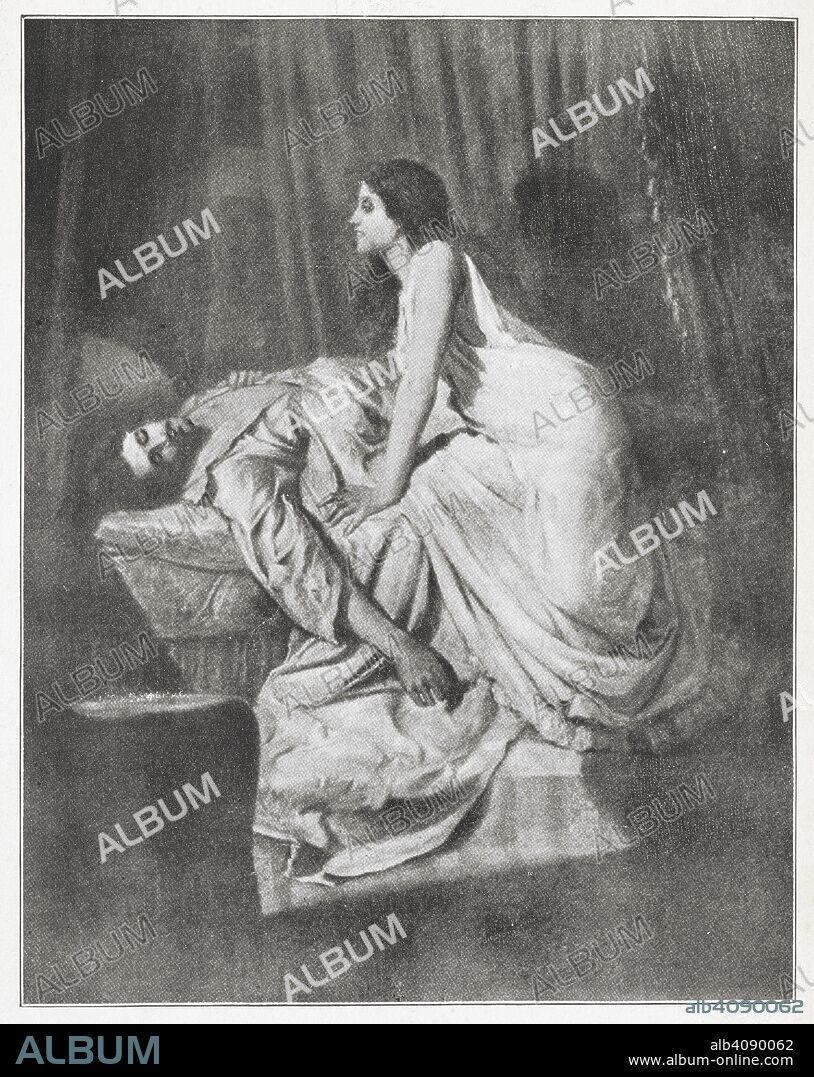 Reproduction of the painting, 'the vampire', by Sir Philip Burne-Jones. A portrait of a femme fatale vampire leaning over her male victim. The model for Philipâ€™s vampire was Mrs. Patrick Campbell, an actress. In 1897, he displayed the painting at an exhibition with a poem â€œThe Vampireâ€ by his cousin, Rudyard Kipling, that described the foolishness of a man allowing himself to be destroyed by a heartless woman. This exhibition was held only a few months before Stokerâ€™s Dracula was first in print. Rudyard Kipling was allegedly inspired to write his poem ''The Vampire'' after viewing the painting.  . [Recessional. [A cutting from â€œThe Times,â€ 17 July 1897.]]. New York : Critic Co., 1898 [1897]. Source: File 279.(2).