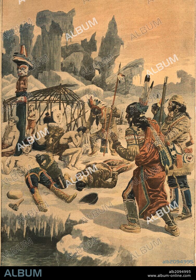 Estados Unidos. Indios americanos hallando los cadáveres congelados de un poblado de esquimales en la isla de Saint Laurent, Alaska. Dibujo publicado en Le Petit Journal. Año 1908.