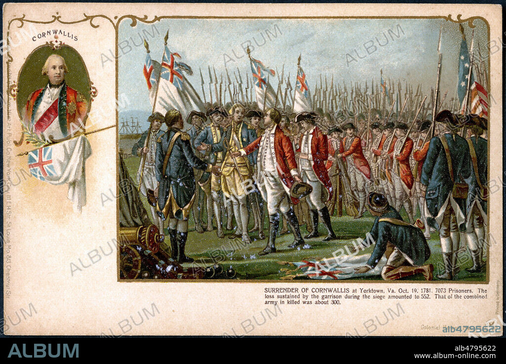 Capitulation de Charles CORNWALLIS (1738-1805) a la bataille de Yorktown le 19 octobre 1781. Illustration anonyme pour une carte postale vers 1900 de la serie Colonial Heroes. Credit : Collection IM/Kharbine-Tapabor.