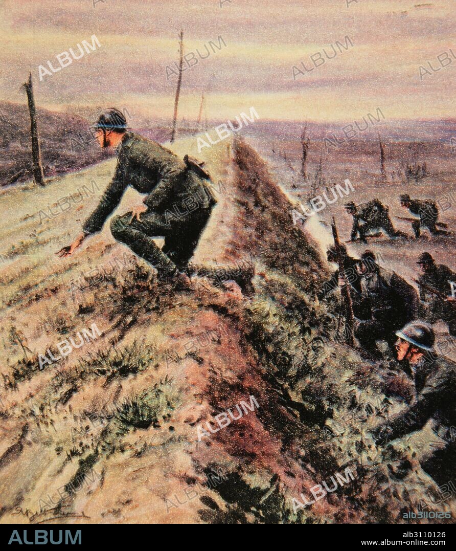 PRIMERA GUERRA MUNDIAL (1914-1918). Frente italiano entre el ejército Austria-Hungría e Italia. Guerra de trincheras. "Guera de trincheras en Trieste, mayo de 1917". La Domenica del Corriere, Italia. Color.