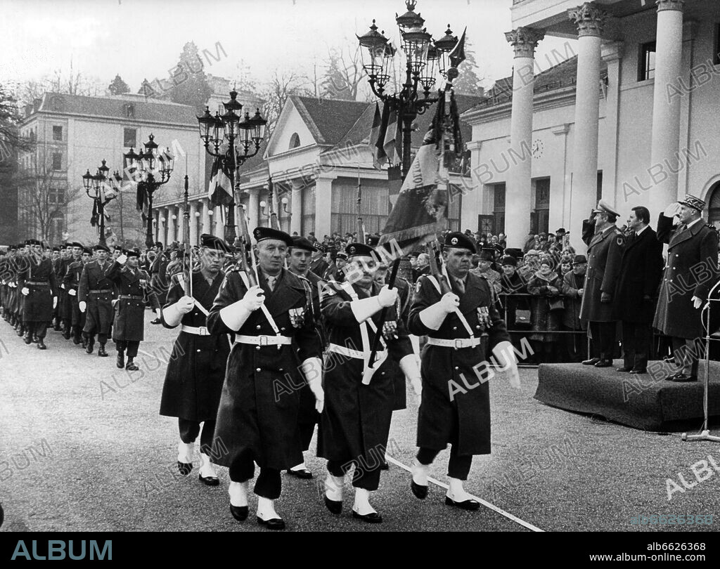 German-French military parade in front of the Kurhaus in Baden-Baden in honour of the 10th anniversary of the Élysée Treaty, also called German-French Treaty, on the 23rd of January in 1973. 23/01/1973
