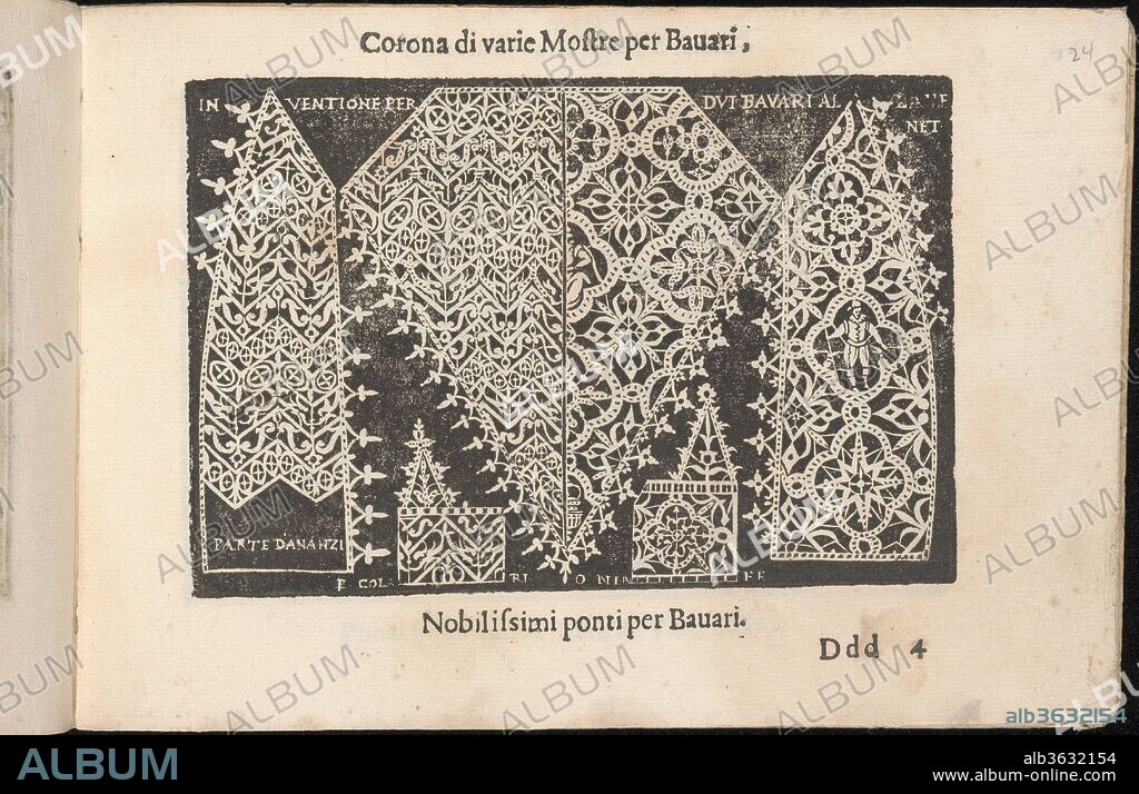 Corona delle Nobile et Virtuose Donne, Libro Terzo, page 24 (recto). Designer: Cesare Vecellio (Italian, Pieve di Cadore 1521-1601 Venice) , Venice. Dimensions: Overall: 5 1/2 x 7 11/16 in. (14 x 19.5 cm). Publisher: Alessandro de' Vecchi (Italian, active Venice, 1570-1629) , Venice. Date: 1620.
Designed by Cesare Vecellio, Italian, Pieve di Cadore 1521-1601 Venice, Venice, published by Alessandro de' Vecchi, Italian, active 17th century, Venice.
From top to bottom, and left to right:
Design is divided into 2 halves that are decorated with 3 of the same shapes. Each shape is ornamented with various floral and linear motifs; shapes on the right side are also decorated with quatrefoils framing figures. Serving as a type of border around the design is an inscription printed in white.