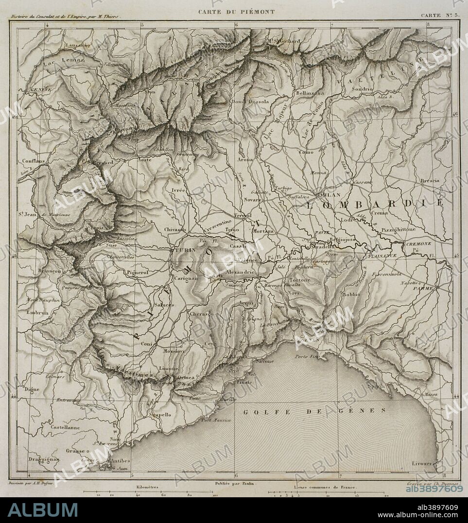 Map of Piedmontt, northwest of Italy. Atlas de l'Histoire du Consulat et de l'Empire. History of the Consulate and the Empire of France under Napoleon by Marie Joseph Louis Adolphe Thiers (1797-1877). Drawings by Dufour, engravings by Dyonnet. Edited in Paris, 1864.