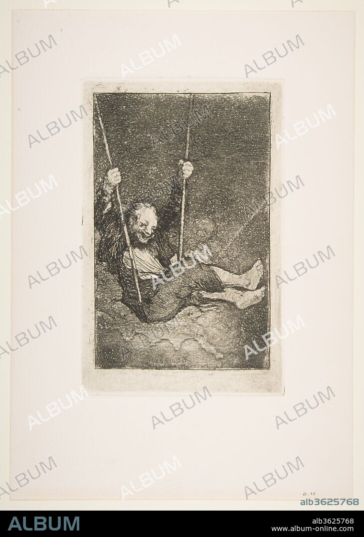 Old man on a swing (Viejo columpiándose). Artist: Goya (Francisco de Goya y Lucientes) (Spanish, Fuendetodos 1746-1828 Bordeaux). Author: Eleanor Sayre. Dimensions: Plate: 7 3/8 x 4 3/4 in. (18.8 x 12.1 cm)
Sheet: 11 3/8 x 8 in. (28.9 x 20.3 cm). Printer: Emiliano Sorini (American, active 20th century). Date: 1824-28.
