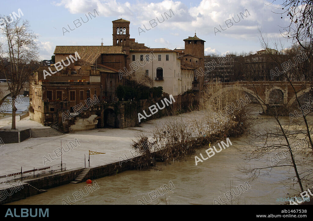 Italy. Rome. Tiber Island with the bell tower of the Basilica of Saint Bartholomew on the Island.
