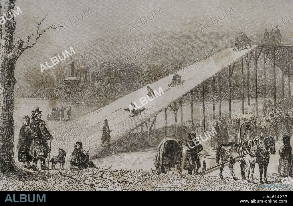 Rusia. Montañas rusas. Grabado por Lemaitre y Vernier. Historia de Rusia por Chopin. Panorama Universal, edición española de 1839.