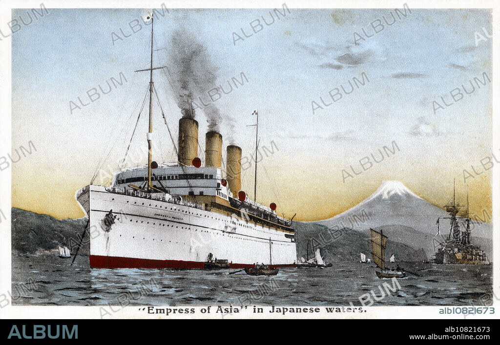 [ 1910s Japan - Ocean Liner and Mount Fuji ] The RMS Empress of Asia in Japanese waters. In the background Mount Fuji can be seen. The ocean liner was completed in 1913 (Taisho 2) by Fairfield Shipbuilding and Engineering at Govan on the Clyde in Scotland for Canadian Pacific Steamships. The passenger liner also served as an armed merchant cruiser and troopship. She was sunk by Japanese aircraft while transiting from Bombay to Singapore during World War II. 20th century vintage postcard.