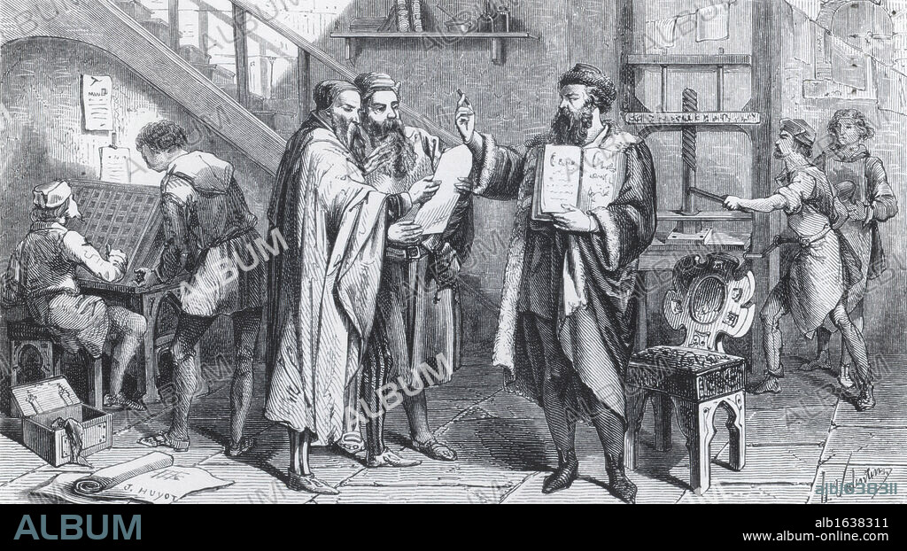 Johannes Gutenberg (1398-1468) German printer in his printing works. In about 1439 he was the first in Europe to use movable type, and he invented the printing press. Mid-19th century illustration.