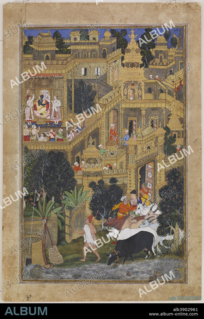 KESU KALAN AND MISKIN. The Lord Krishna in the Golden City (Harivamsha) 

From harivamsa ,an appendix of Razmnama. Date/Period: Ca. 1585. Painting / watercolor painting. Opaque watercolor and gold on paper. Height: 34.9 cm (13.7 in); Width: 23.2 cm (9.1 in).