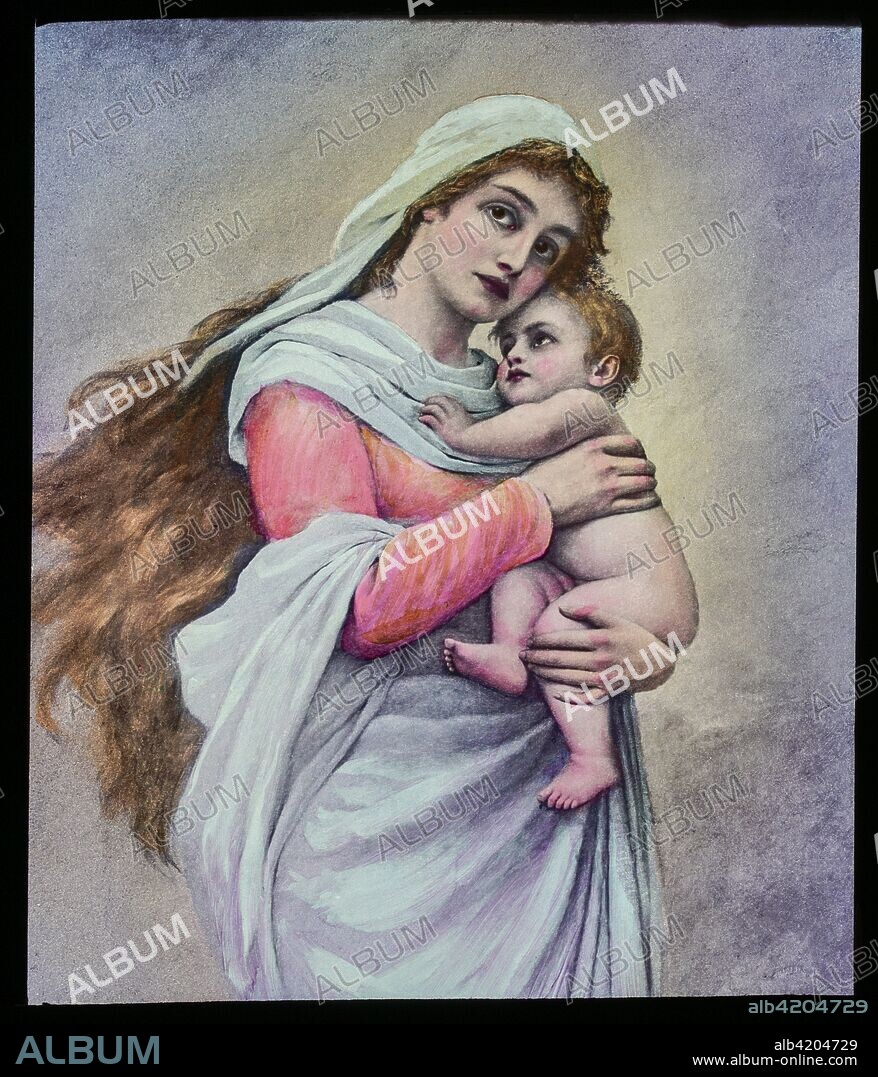 A hand coloured magic lantern slide circa 1900.Madonna and child by Franz Hanfstaengl.