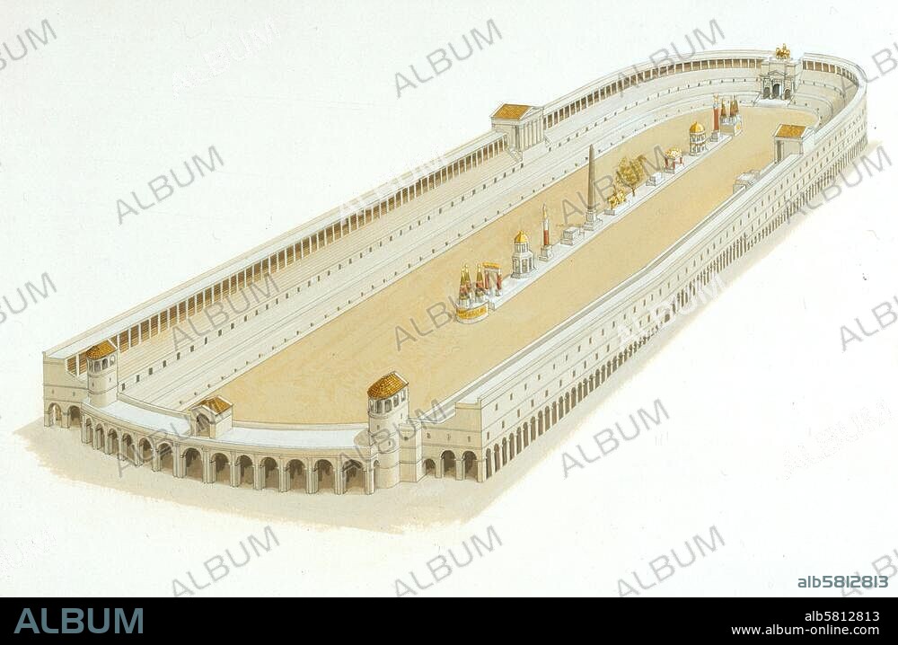 Rom - Roma (Italien), Circus Maximus (Rennbahn zw. Palatin u. Aventin, ursprüngl. 2. Jh. v. Chr., mehrfach umgebaut; im 4. Jh. Platz für 300 000 Zuschauer). Rekonstruktion: Gesamtansicht des Circus Maximus, Anfang 4. Jh. n. Chr. Aquarell, undat., von Peter Connolly (1935-2012).
