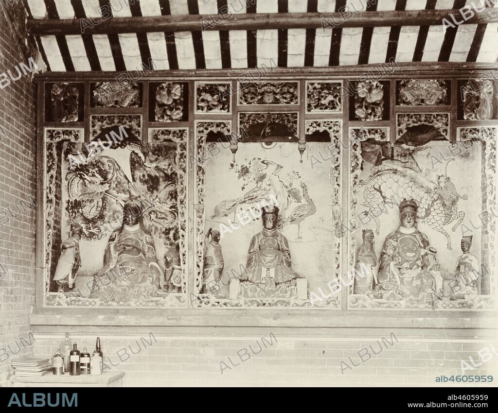 China, Statues of Chinese deities ('Joss') line the walls inside a Joss house (Chinese temple). Original manuscript caption: Interior of Joss House, Santan Island (British) near Hong Kong, circa 1905. 1998/028/1/1/46.