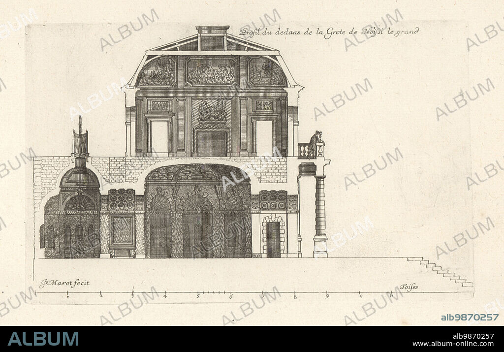 Section of the interior of the Grotto at the Chateau de Noisy-le-Grand or Noisy le Roi). Built for Albert de Gondi in 1582 and acquired by King Louis XIV. Demolished. Profil du dedans de la Grote de Noissi le grand. Copperplate engraving drawn and engraved by Jean Marot from his Recueil des Plans, Profils et Elevations de Plusieurs Palais, Chasteaux, Eglises, Sepultures, Grotes et Hotels, Collection of Plans, Profiles and Elevations of Palaces, Castles, Churches, Tombs, Grottos and Hotels, chez Mariette, Paris, 1655.