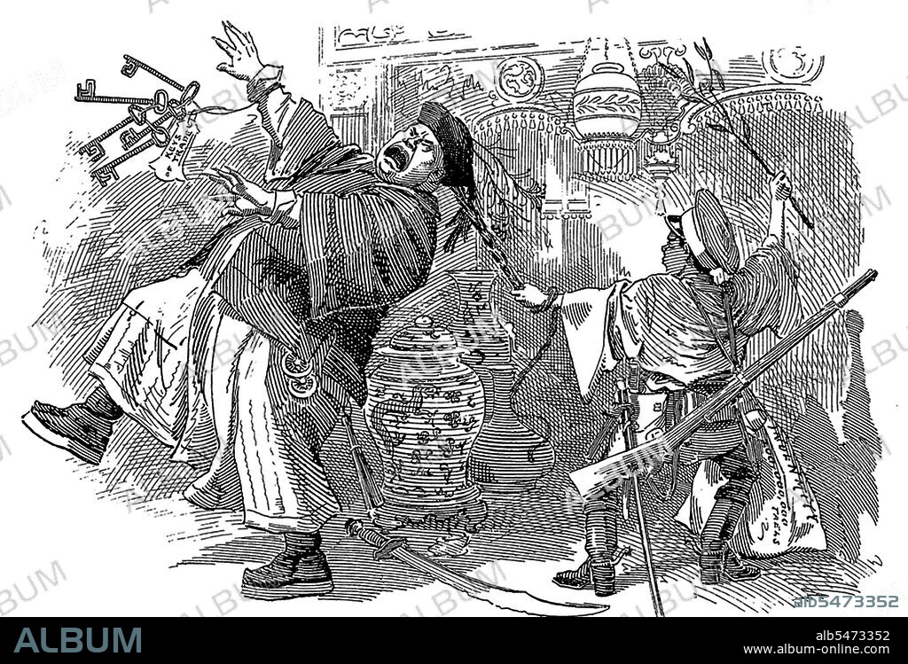 The Jap in a China Shop: 'Now then, you pig-headed old pig-tail open your shop - and hand me the keys!' At the time of the First Sino-Japanese War, the Japanese were seen by many Westerners as 'plucky' rather than imperialist aggressors. The First Sino-Japanese War (1 August 1894 – 17 April 1895) was fought between Qing Dynasty China and Meiji Japan, primarily over control of Korea. After more than six months of continuous successes by Japanese army and naval forces and the loss of the Chinese port of Weihaiwei, the Qing leadership sued for peace in February 1895. Direct results of the war showed that the military strength and sovereignty of the Qing Dynasty had been severely weakened during the nineteenth century; and it demonstrated that forced reform had modernized Japan significantly since the Meiji Restoration in 1867, especially as compared with the Self-Strengthening Movement in China. Regional dominance in East Asia shifted from China to Japan; and the Qing Dynasty, along with the classical tradition in China, suffered a major blow. These trends would later manifest in the 1911 Revolution.