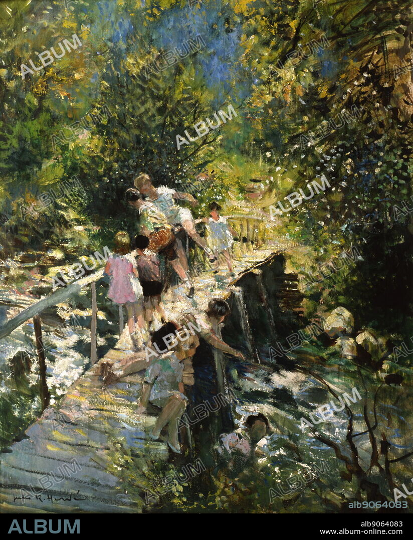 JULES RENÉ HERVÉ. Playing By the Stream, circa 1930 by Jules Rene Herve, French impressionist painter, 1887-1981. Oil on canvas.