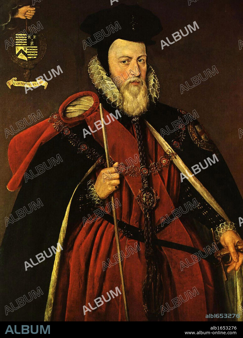 William Cecil, lst Baron Burghley (1520-1598) appointed Secretary of State by Elizabeth I in 1558 and was the prominent English statesman of his age.    Cecil in the robes of the Order of the Garter. Portrait by Marcus Gheeraerts the Younger (1561-1635).