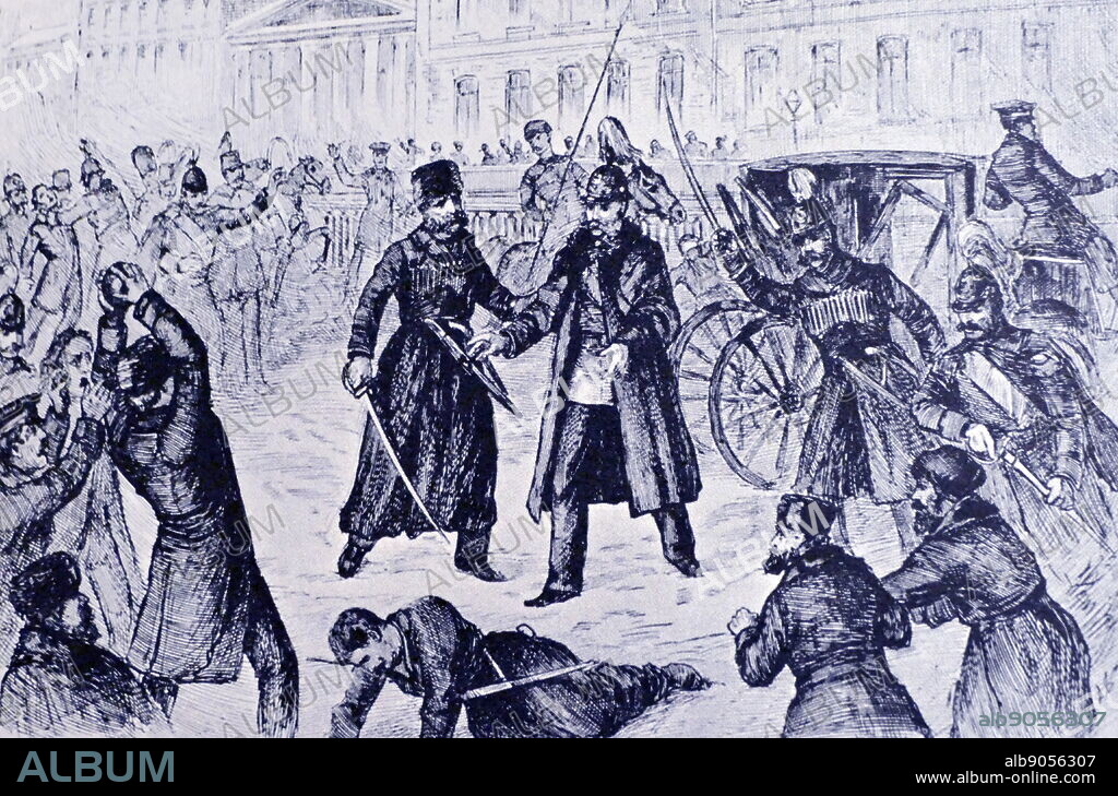 Assassination of Tsar Alexander II (1818 1881), Emperor of Russia, 13 March 1881, in Saint Petersburg. A young member of the Narodnaya Volya ('People's Will') movement, Nikolai Rysakov, threw a bomb, killing one of the Cossacks and seriously wounding the driver. It only damaged the bulletproof carriage. The emperor emerged shaken but unhurt. Rysakov was captured almost immediately. Police Chief Dvorzhitsky heard Rysakov shout out to someone else in the gathering crowd. The guards urged the emperor to leave the area. Then, a second young member of the Narodnaya Volya, Ignacy Hryniewiecki, threw something a bomb at the emperor's feet. Alexander was carried by sleigh to the Winter Palace, where he died.