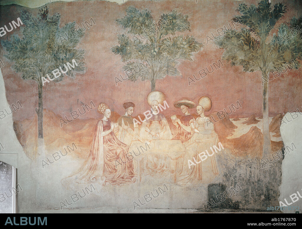 Frescoes of Palazzo Borromeo, by Maestro dei Giochi Borromeo, 1445 about, 15th Century, fresco,. Italy, Lombardy, Milan, Palazzo Borromeo. Full view. The Game of Tarots. Noble dames tarots game table chairs trees landscape mountains lake garden orange green white black grey.