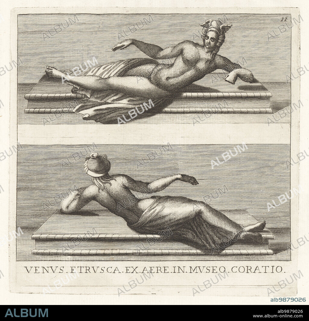 Small bronze figure of Venus by an Etruscan artist. A naked woman with winged mitella or diadem lying on a bed. Turan was the Etruscan goddess of love. Greek Aphrodite, Venus Murcia. Venus Etrusca ex aere in Museo Coratio. Copperplate engraving from Francesco Valesio, Antonio Gori and Ridolfino Venutis Academia Etrusca, Museum Cortonense in quo Vetera Monumenta, (Etruscan Academy or Museum of Cortona), Faustus Amideus, Rome, 1750.