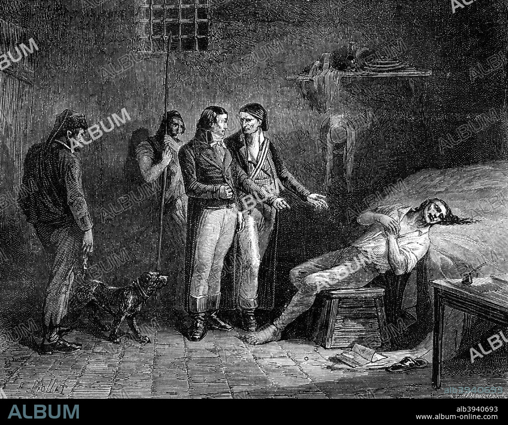 The death of the Marquis de Condorcet, 1794 (1882-1884). Marie Jean Antoine Nicolas de Caritat, Marquis de Condorcet (1743-1794) was a French Enlightenment philosopher and sociologist. He was a proponent of educational reform, as well as a liberal free market economy and equal rights for all, regardless of race or sex, ideas well ahead of his time. Condorcet played a prominent role in the French Revolution, drafting a new constitution for France in 1793. Like so many others however, he fell foul of Maximilien Robespierre, and having been arrested after a period as a fugitive, was found dead in his prison cell on 28th March 1794. It is not known whether he took poison or was murdered by his captors because he remained too popular a figure to be publicly executed. He was symbolically interred in the Pantheon in 1989. A print from La France et les Français à Travers les Siècle, Volume III, F Roy editor, A Challamel, Saint-Antoine, 1882-1884.