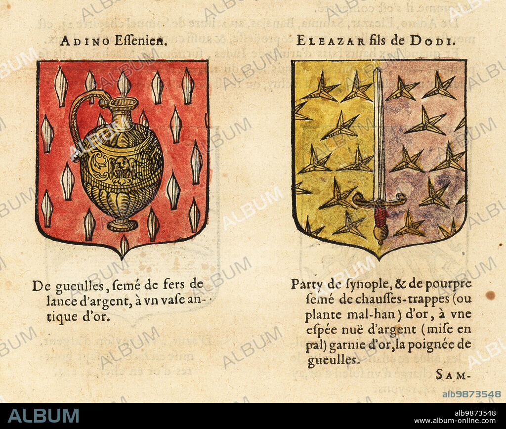 Imaginary coats of arms of Biblical figures, King Davids mighty warriors Adino the Eznite with gold vase, and Eleazar, son of Dodo or Dodai, with caltrops and silver sword. ADINO Essenien, ELEAZAR fils de DODI. Handcoloured woodblock engraving from Hierosme de Baras Le Blason des Armoiries, Chez Rolet Boutonne, Paris, 1628.