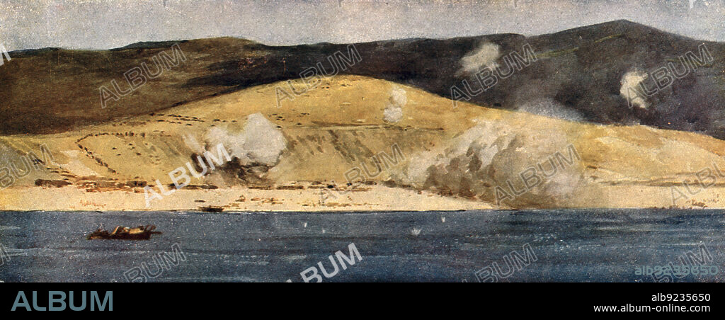 NORMAN WILKINSON. 'La baie de Suvla et les Falaises d'Anzac; Eclatements d'obus turcs de gros calibre sur les pentes d'Anafarta, dominant la baie de Suvla', 1915. From "Collection de la Guerre IV. L'Illustration Tome CXLVIII. La Guerre Juillet, Aout, Septembre, Octobre, Novembre, Decembre 1916".
