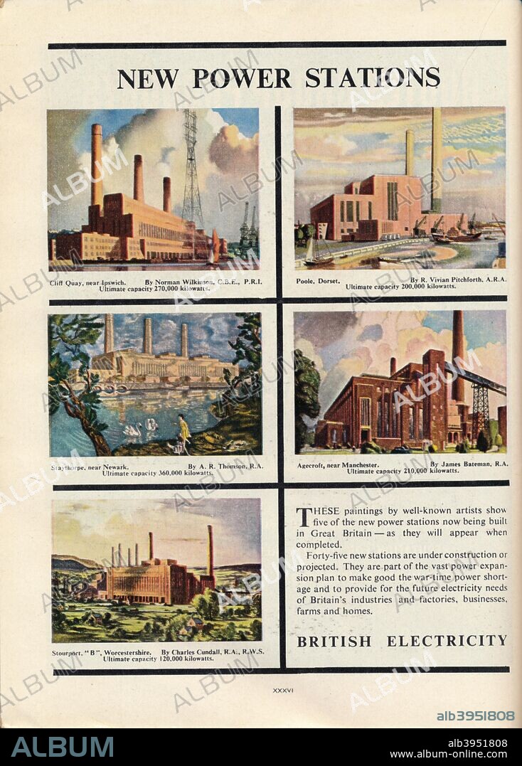New Power Stations, advert for British Electricity, 1951. Paintings of power stations (artists in brackets): Cliff Quay, near Ipswich, Suffolk (Norman Wilkinson); Poole, Dorset (R Vivian Pitchforth); Staysthorpe, near Newark, Nottinghamshire (AR Thomson); Agecroft, near Manchester (James Bateman); Stourport 'B', Worcestershire (Charles Cundall). From a guide to the Festival of Britain, 1951.