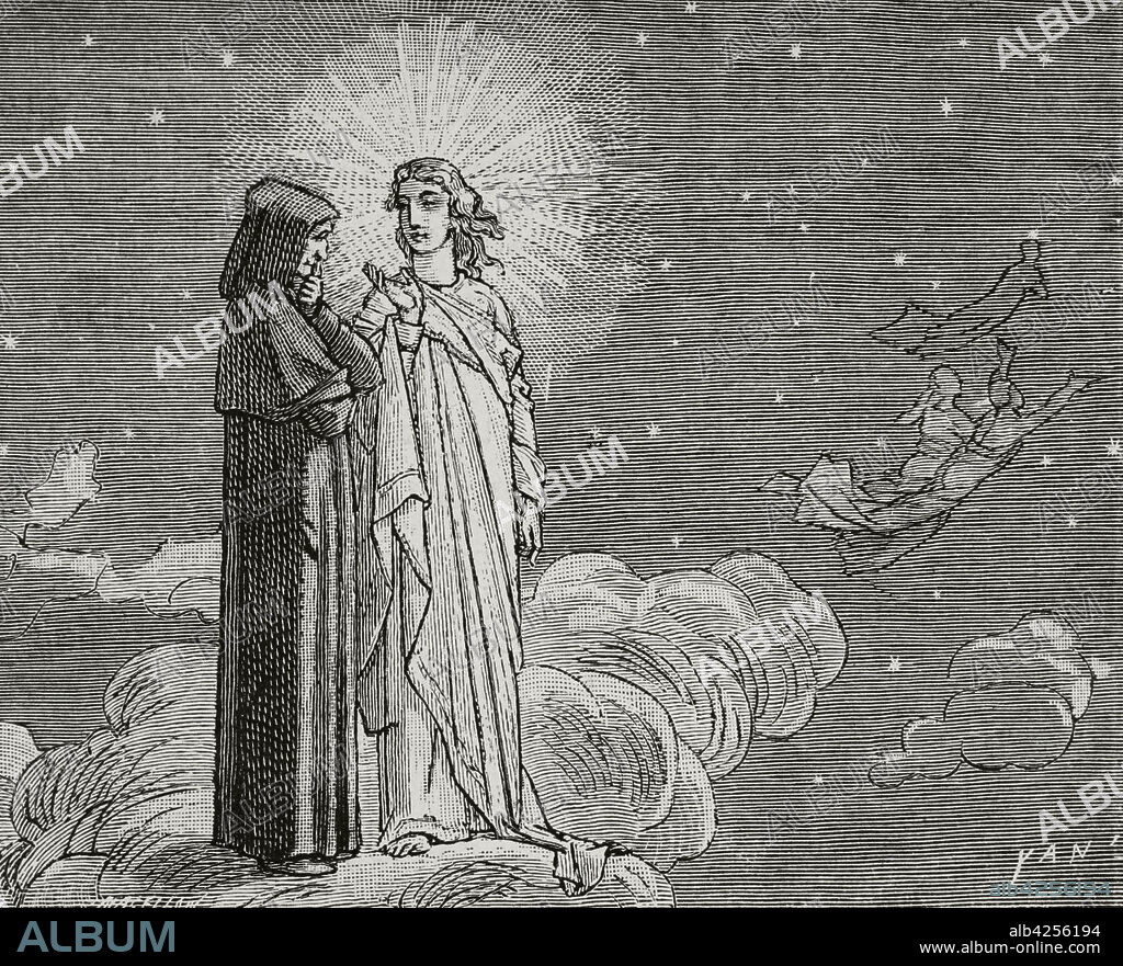 JEAN-EDOUARD DARGENT. KNOWN AS YANN DARGENT (1824-1899). FRENCH ARTIST.. The Divine Comedy (1307-1321). Italian narrative poem by the Italian poet Dante Alighieri (1265-1321). The Paradise. "Beatrice... started to tell me..." Illustration by Yann Dargent (1824-1899). Engraving. Published in Paris, 1888.