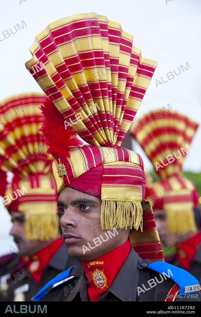 Jai Mewar ceremonial guard of 76th Maharana of Mewar, Shriji Arvind Singh Mewar of Udaipur, at the City Palace, Rajasthan, India.