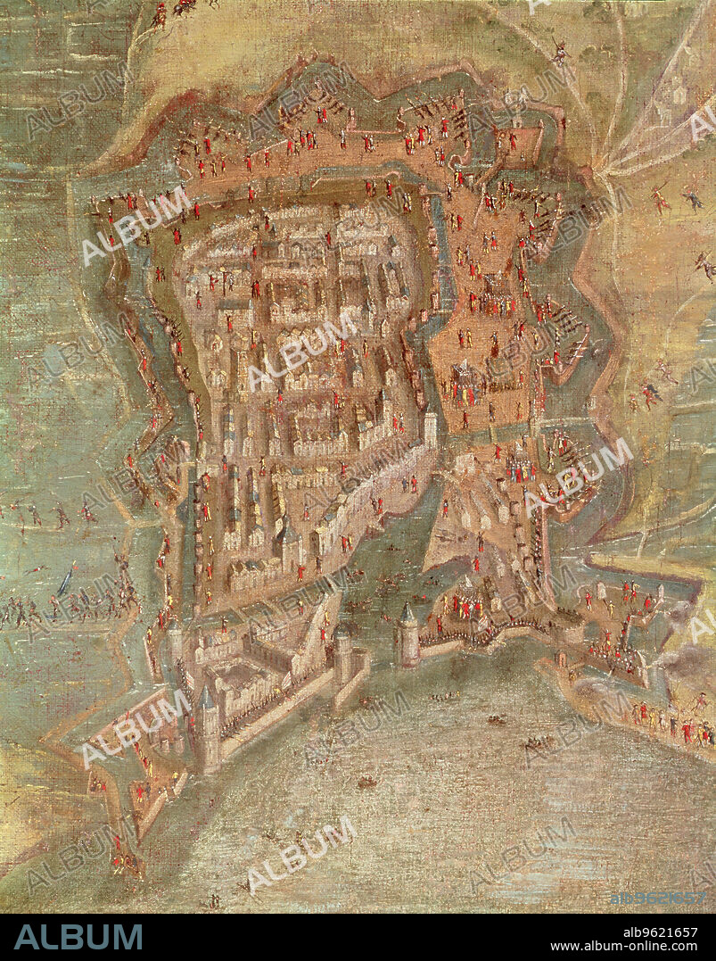 Siege of La Rochelle by the troops of Cardinal Richelieu (1627 - 1628), detail of a 17th century painting.