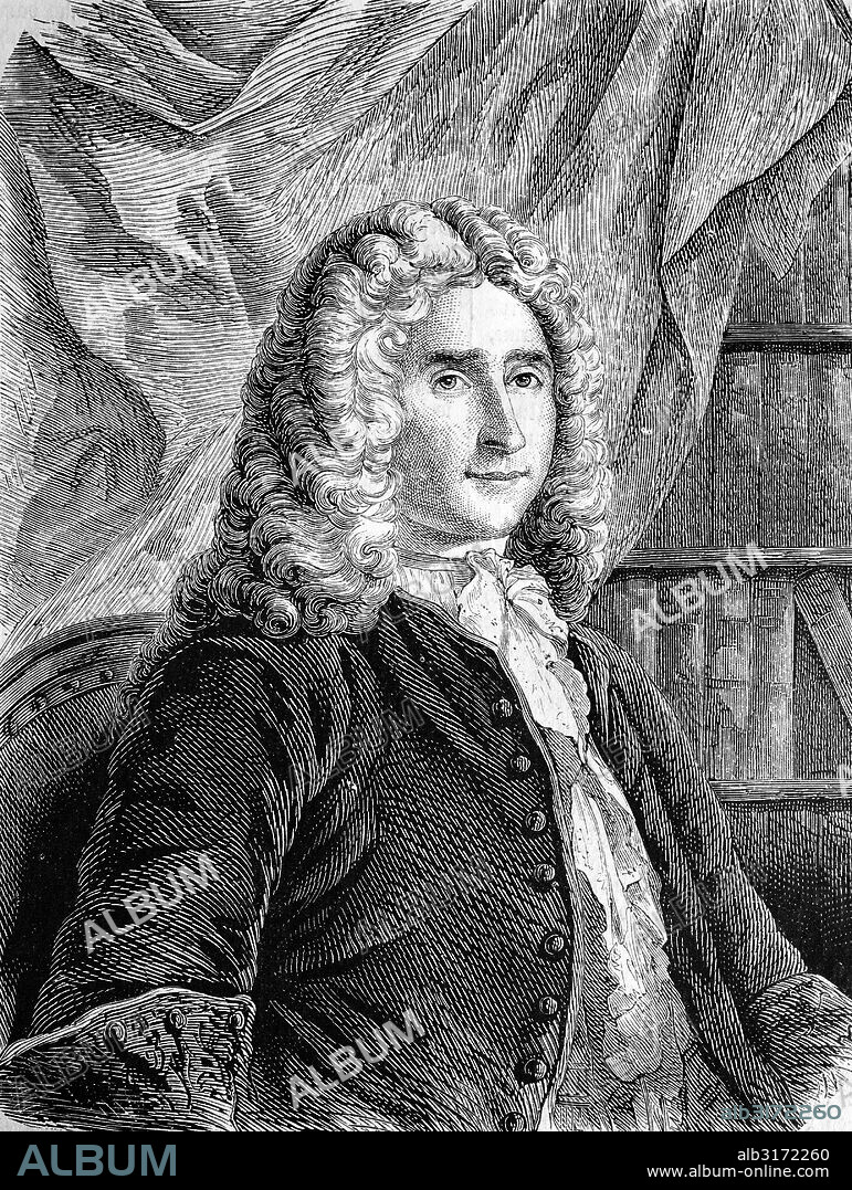 Rene-antoine ferchault de reaumur, 1683 - 1757, a french naturalist and material scientist, historical wood engraving, circa 1888.