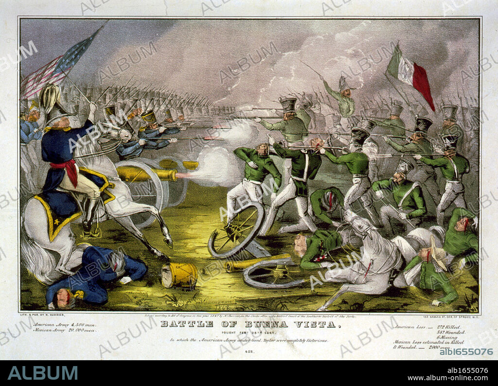 Mexican-American War 1846-1848: Battle of Buena Vista, also known as Battle of Angostura, 22-23 February 1847. Mexicans under Santa Anna, in green, defeated by the American under General Zachary Taylor. Hand-coloured engraving.